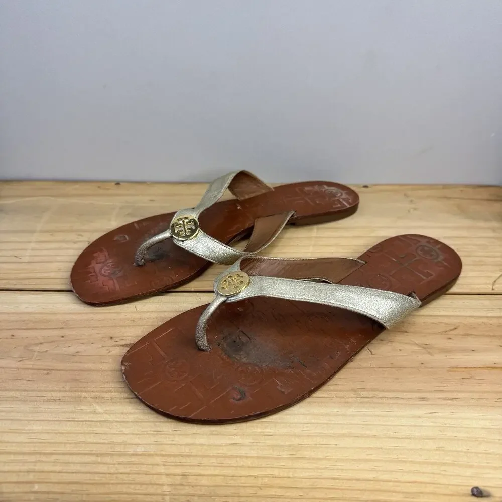 Tory Burch Manon Black Vachetta Leather Thong Sandals Flip Flops Size 8.5